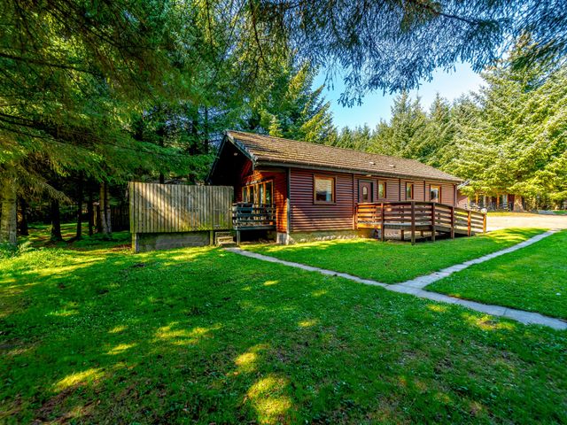 A cabin with a wooden deck surrounded by trees at Osprey Spa in Dundee