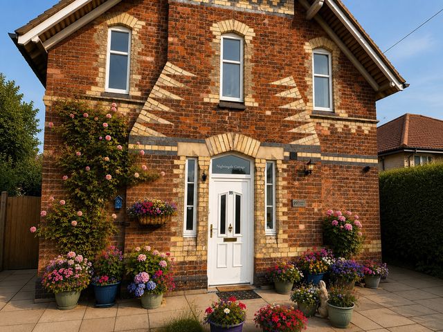A house exterior with a front door and flower pots at Nightingale Cottage Stafford