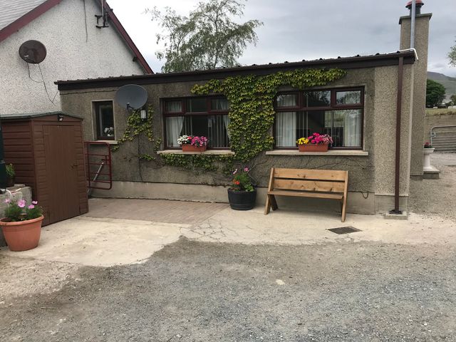 An outdoor area with a bench and flower pots at 87 Ballyveaghmore Road in Newry