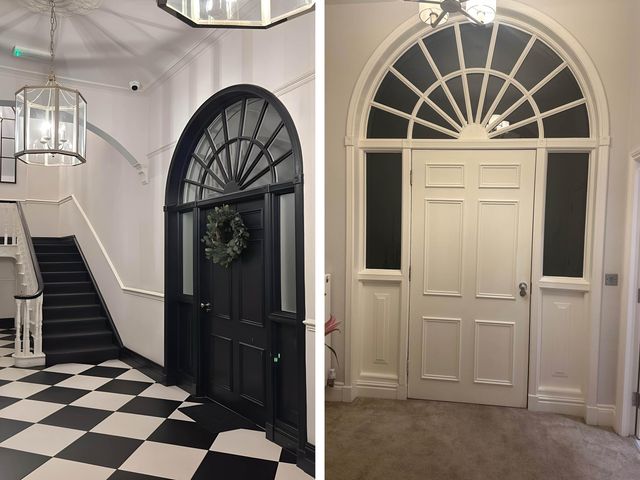 An entrance hall with a staircase and two doors at Apartment 2 Preston, Lancashire