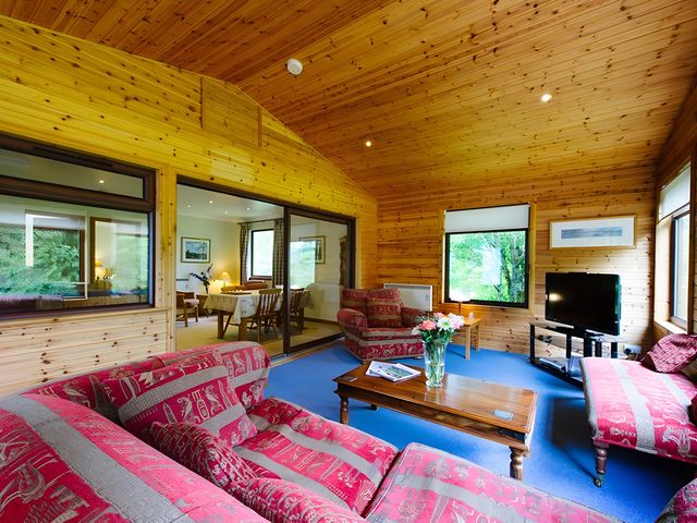 A living room with sofas and a television at Buzzard Lodge in Crianlarich