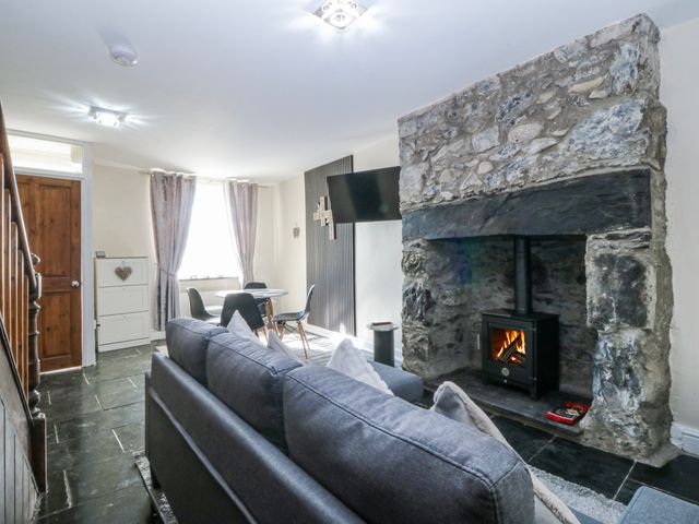 A living room with a sofa and fireplace at Tegfan in Garndolbenmaen near Porthmadog