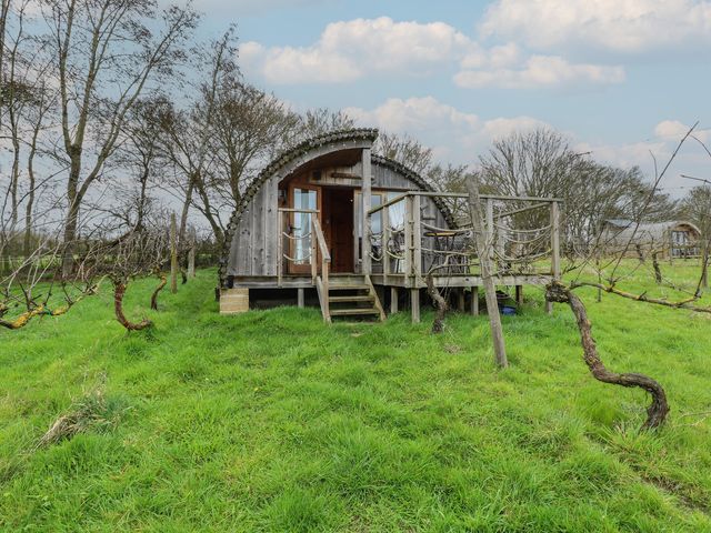 A wooden cabin with a deck surrounded by grass and vines at Vine View near Halesworth