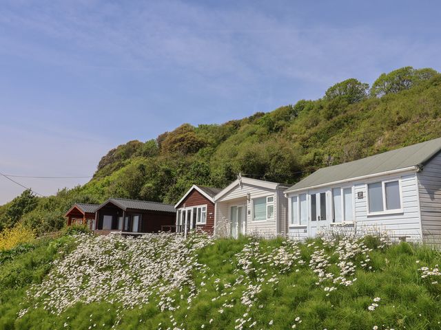 Four beach huts with flowers in the foreground at Salt & Stone Lyme Regis