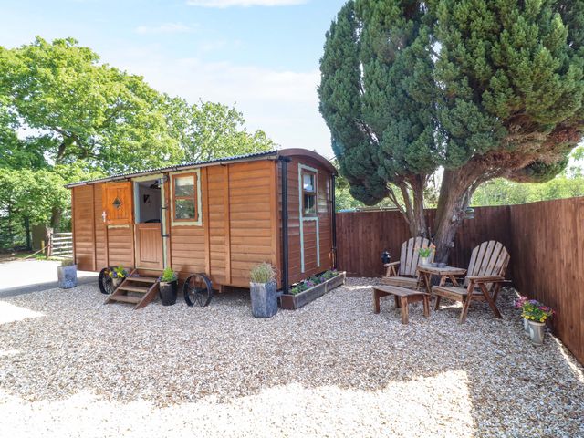An outdoor area with a shed, chairs and table at Shepherds Hut in South Hykeham