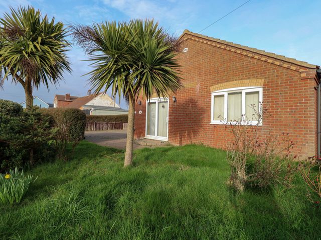 An exterior view of a house with palm trees and grass at The Bungalow in 