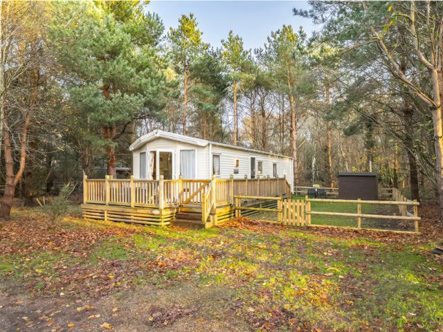 A mobile home with a wooden deck and trees at Sprindrift - Kelling Heath Holiday Park in Holt