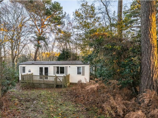 A mobile home with a deck surrounded by trees at Prima -Kelling Heath Holiday Park in Holt