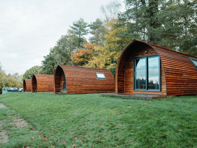 Three wooden cabins with glass doors in a grassy area at Bracelands - Cosy Pod 3, Coleford