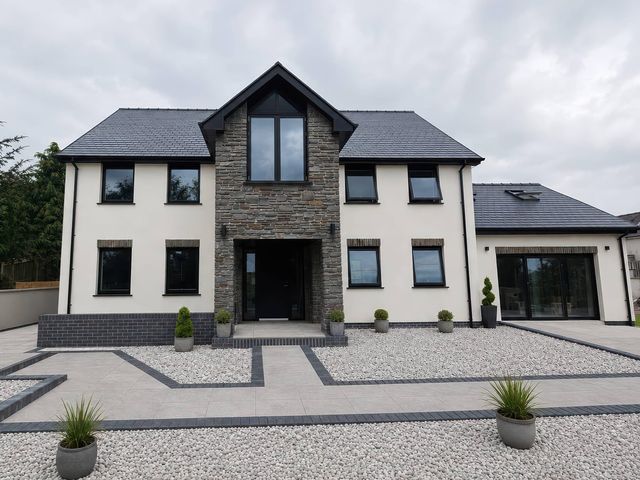 A modern house with stone features and landscaped front at Brynseion Uchaf in Aberystwyth