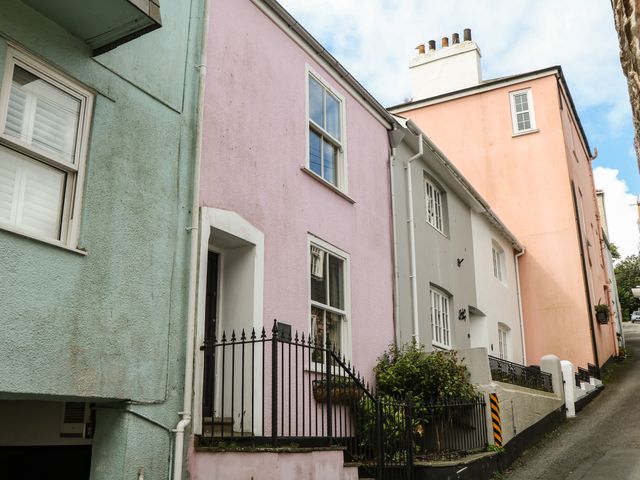 A street view with colorful houses at Tiller Cottage in Dartmouth