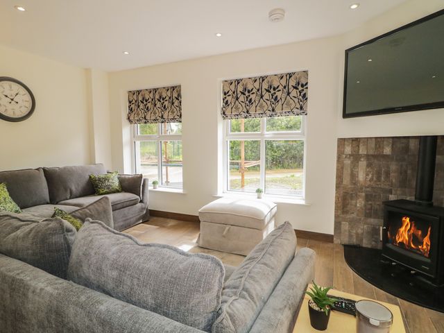 A living room with a clock, sofa, and stove at Brook Cottage in Coleraine
