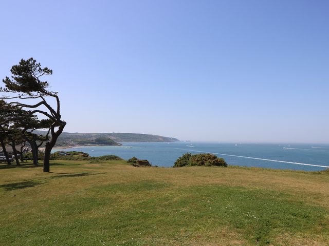 A landscape with grass and a view of water at 57 Cliff End in Freshwater