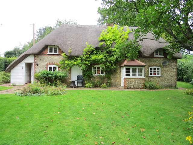 A house with a thatched roof and garden at Little Owl High Cross near Petersfield