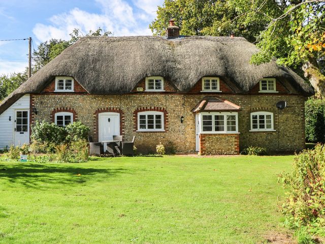A house with a thatched roof and garden at Little Owl in High Cross near Petersfield