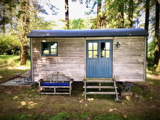 A wooden cabin with a door and window at Goldcrest in Postbridge