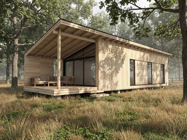 A wooden cabin with deck and furniture in a forest at Arbora 1.0 Spa (Pet) in Malvern