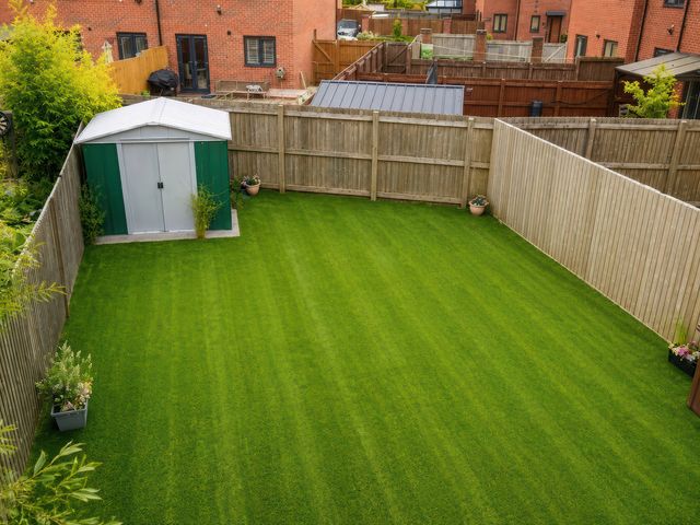 A garden with a lawn and shed at 4 Britannia Street in Salford