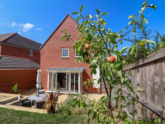 A garden with an apple tree and patio furniture at Manning's View in Barnstaple