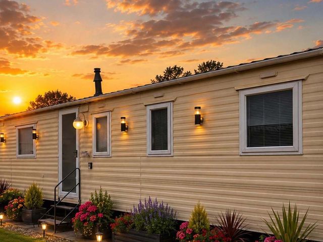 A caravan exterior with flowers and lights at Luxury Cosy Caravan in Cresswell Northumberland