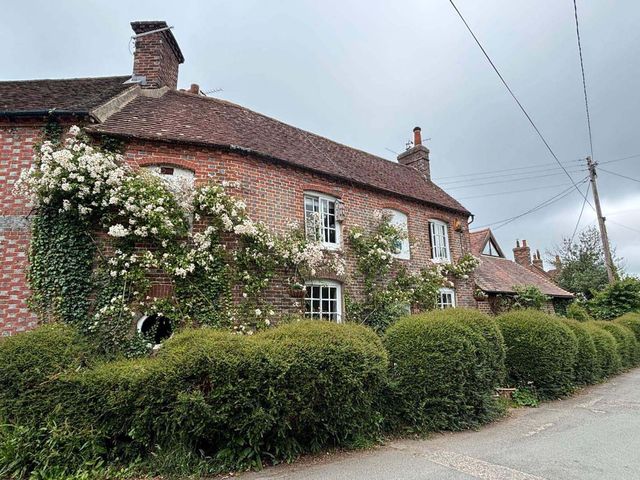 A house with a brick exterior and flowers near the windows in a residential area