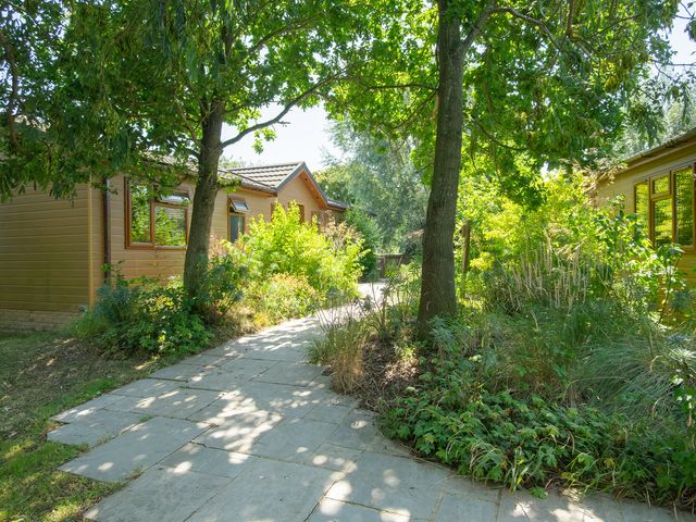 An outdoor area with a pathway and wooden cabins at Oak Lodge 