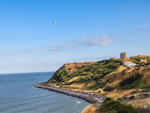 A coastal view with a castle on a cliff and road along the sea at The Gulls Rest in 