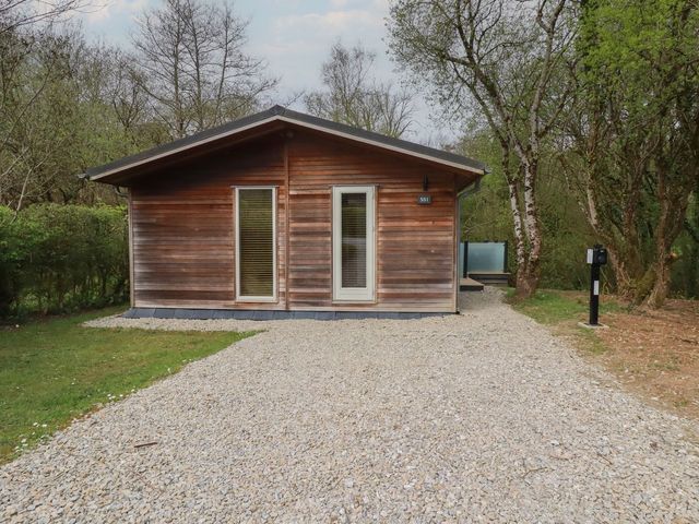 A cabin with windows and a gravel pathway at 5 Tree Tops in Liskeard