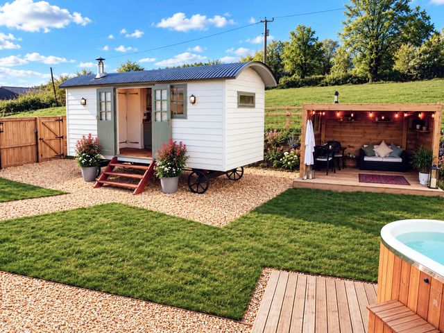 A garden with a shepherd hut and patio seating at Oak Hut in Bishops Castle
