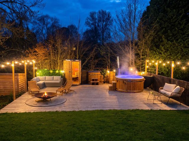 A garden with a hot tub, seating area, and fire pit at the property