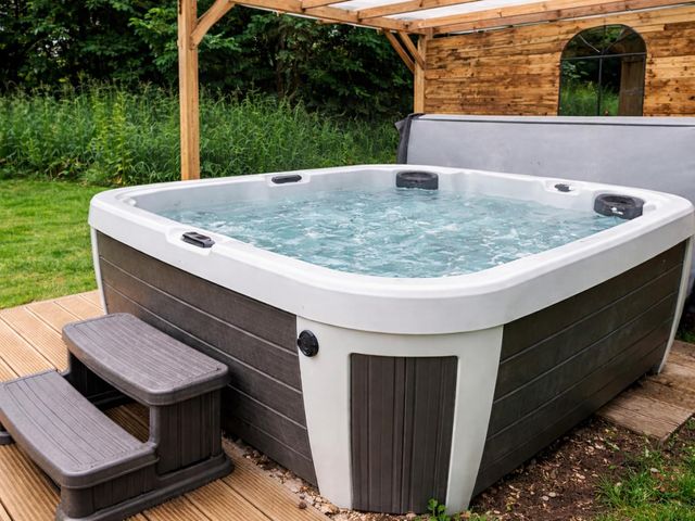 A hot tub with steps on a wooden deck in the garden