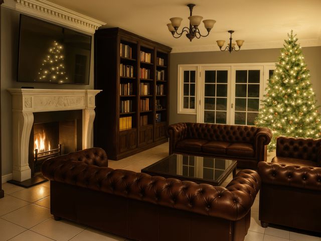 A living room with a fireplace and Christmas tree at Hartcliffe View Millhouse Green