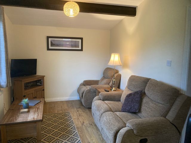 A living room with a sofa and lamp at Bluebell Lodge Saltburn-by-the-Sea