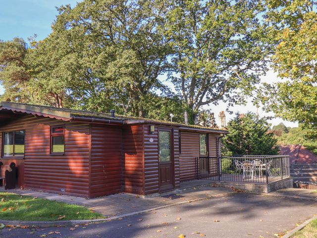 A log cabin with a deck and outdoor seating at Bluebell Lodge in Saltburn-by-the-Sea