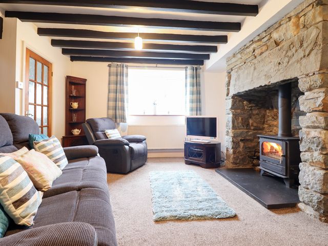 A living room with a sofa and a fireplace at Bryn Re, Trawsfynydd near Llan Ffestiniog and Dolgellau