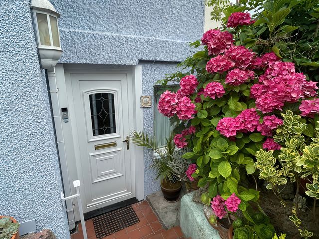 An entrance with a door and flowers at Little Acre in Torquay