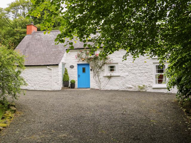 A cottage with a blue door and gravel driveway at Rosslare Cottage in Broughshane