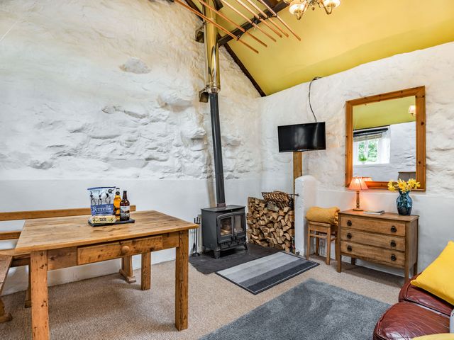 A room with a wood stove firewood a wooden table a chest of drawers a mirror and a TV at Celyn Farm Cottage Deiniolen near Llanberis