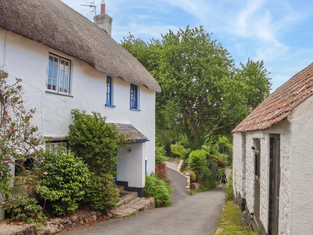 A cottage with a thatched roof and shrubs along the pathway at Little Gate Cottage in North Bovey