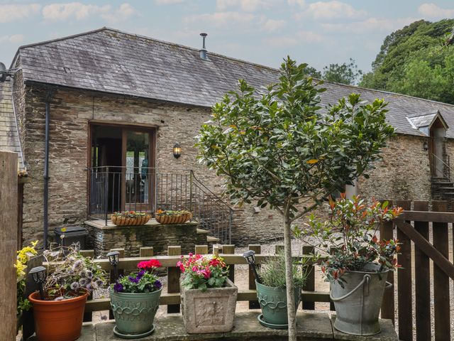 A garden with flower pots and a tree at Mixit Cottage in Kingsbridge