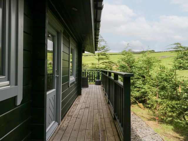 An outdoor area with a deck and trees at Oak Lodge in Pennington near Ulverston