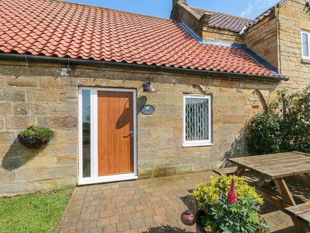 An outdoor area with a wooden door and flower pot at Milton Cottage in Hawsker near Whitby and Robin Hood's Bay