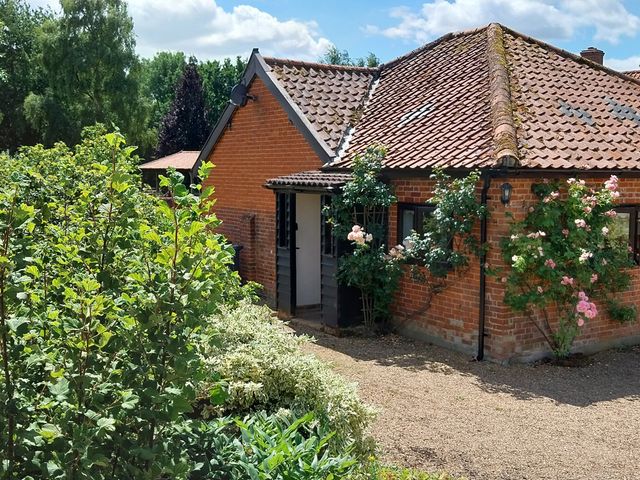 An outdoor view of a house with plants and trees at Lowbrook Cottage Dickleburgh near Diss