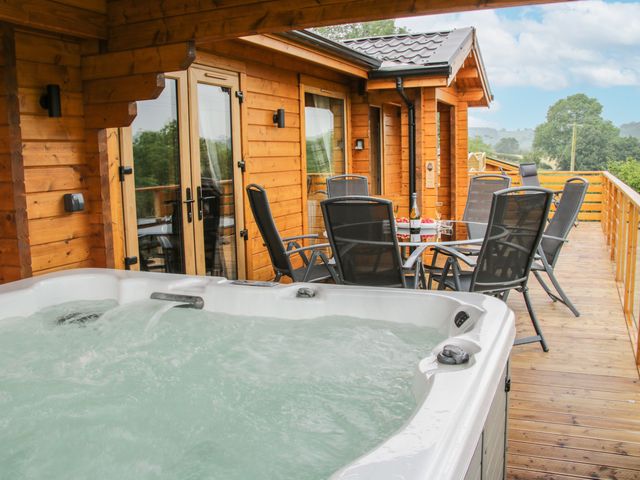 An outdoor seating area with a hot tub and chairs at Manor Farm Lodges - Dragon Lodge in Newtown