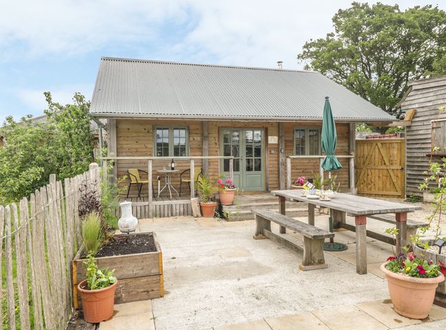 A wooden cabin with a metal roof and green doors surrounded by a fenced patio with a picnic table and potted plants at Little Willow in Farrington near Child Okeford