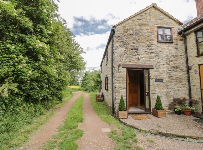 An exterior stone cottage with wooden door and plants next to a gravel path and a dirt road with trees at Cottage on the Common in Westbury-on-Severn