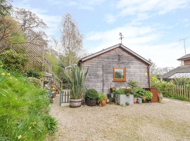 A wooden building with potted plants and gravel driveway at Wellinghill Lodge in Cheltenham