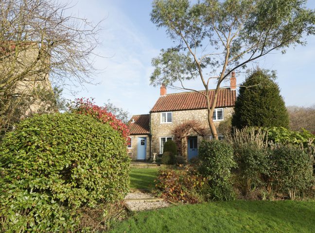 Front view of a stone house with blue doors and tiled roof surrounded by trees and bushes at Howe Green Cottage in Kirkbymoorside