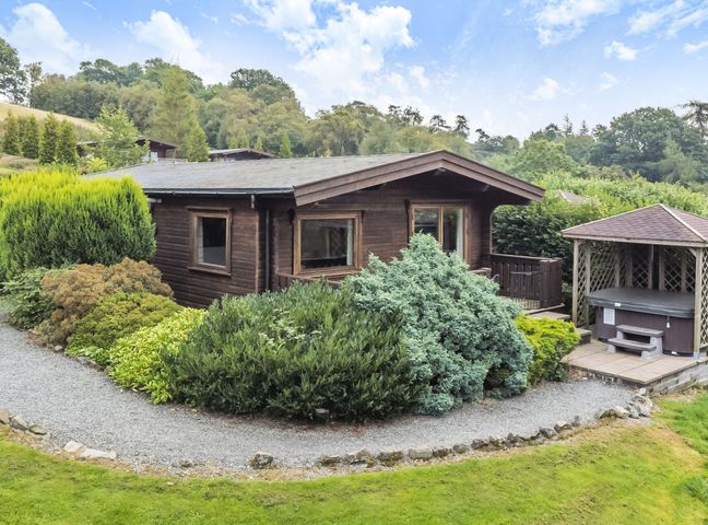 A small wooden cabin surrounded by bushes and trees with a gazebo containing a hot tub nearby at Hillside View in Rhayader