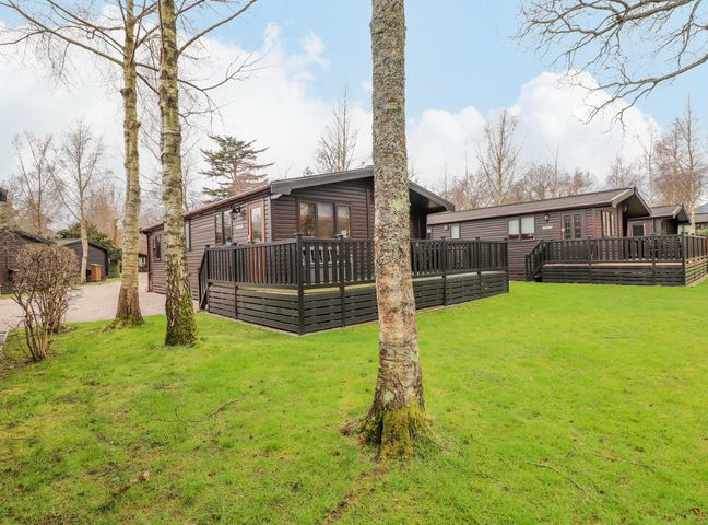 Two wooden cabins with fenced decks on green grass with trees at The Fold Number 28 Burnside Park near Keswick